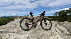 My bike at the top of Greenland Open Space with Pikes Peak in the background, Palmer Lake, Colorado. August 15, 2026.